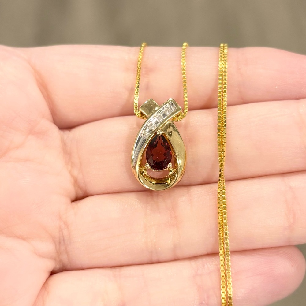 14K Garnet Diamond 0.75 Carat regal red teardrop white yellow gold pendant - Picture 4 of 12